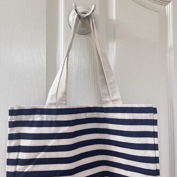 Gorjana Blue and Off-White Striped Canvas Logo Reusable Shopping Tote Bag - Picture 2 of 11